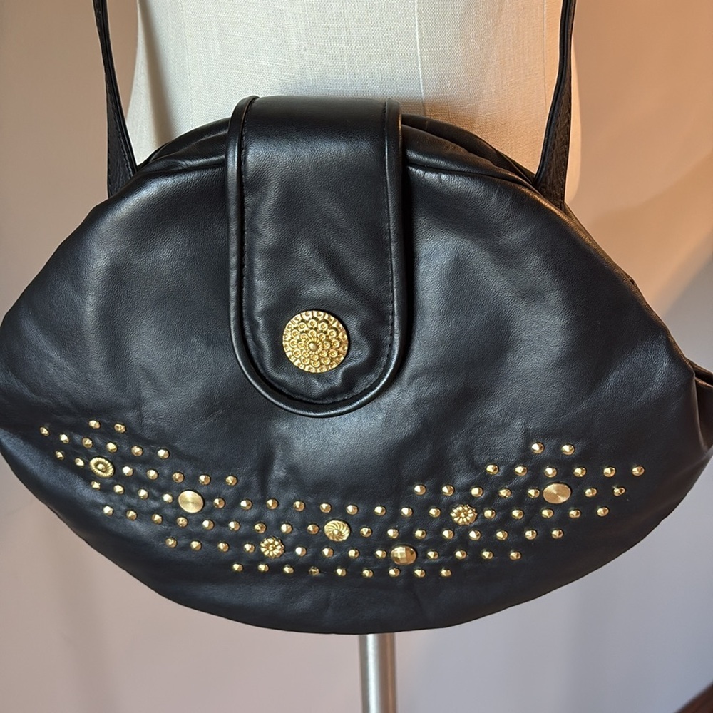 VINTAGE Genuine Leather Black Studded Crossbody clutch Bag snap closure